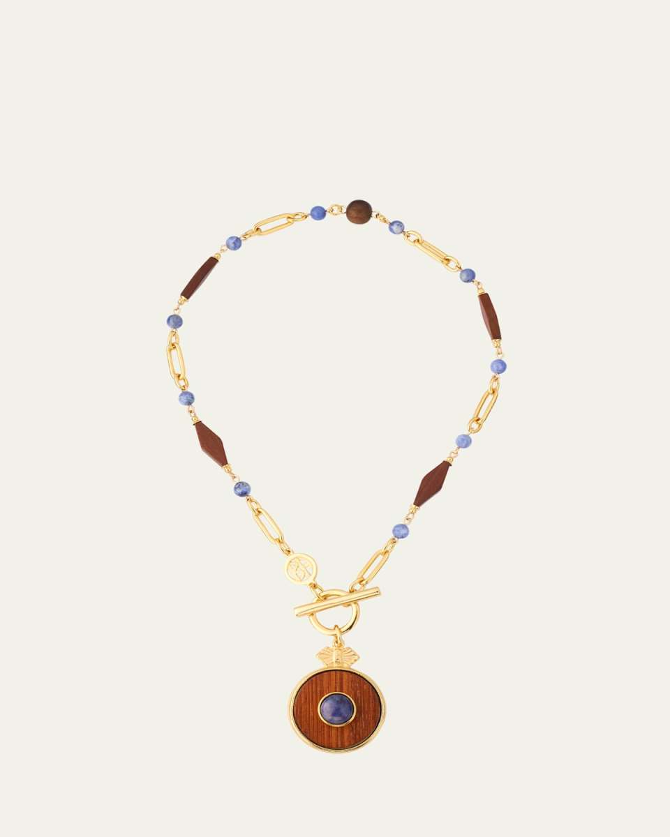 Gold Plated Chain Necklace with Wood Pendant and Blue Semi Precious Stones, 16"L
